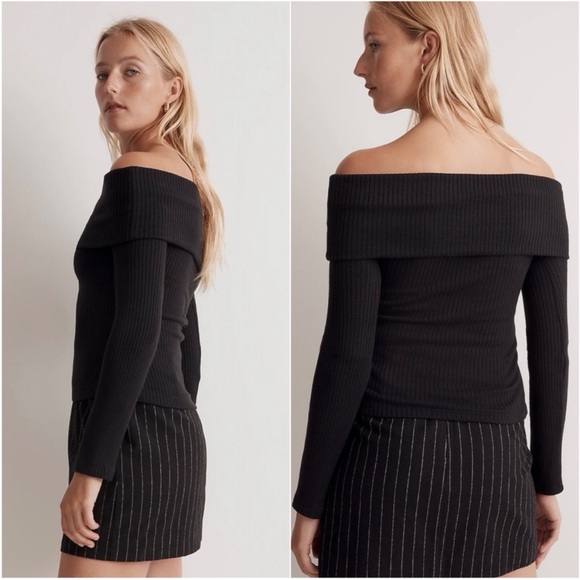 NEW WITH TAGS Madewell Black Off Shoulder Ribbed Long Sleeve Top in Size Medium - Picture 2 of 7